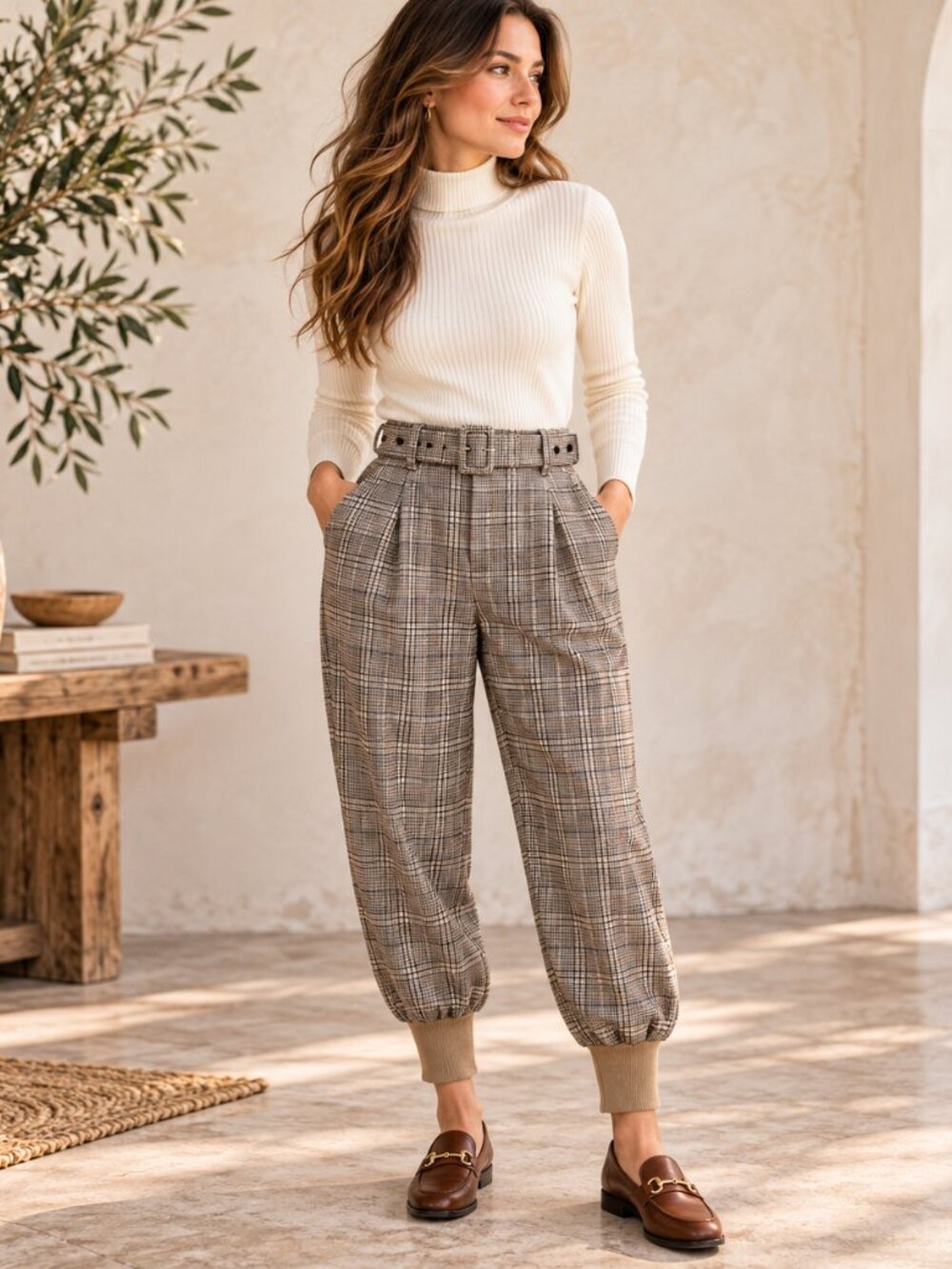 Anthropologie Maeve Pants 4 Plaid Equestrian Belted Tapered Trouser Preppy